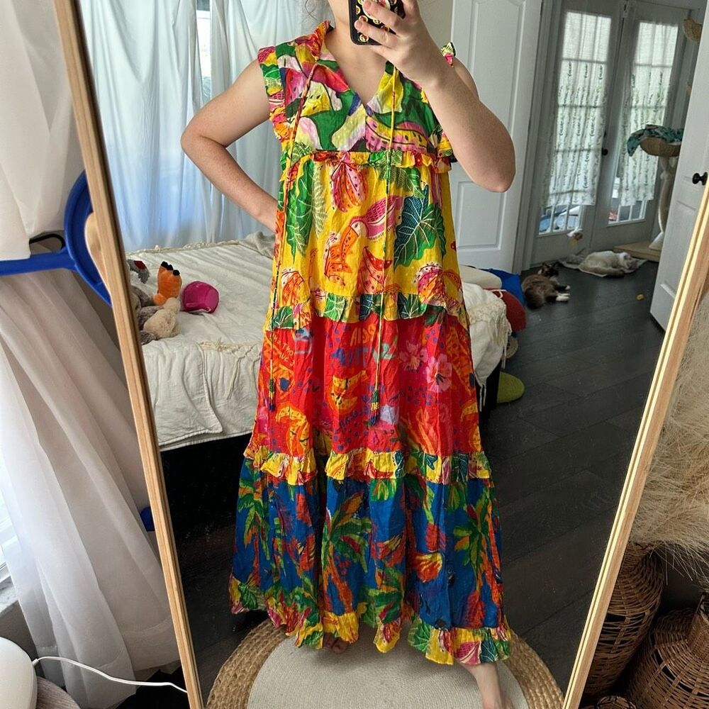 Farm Rio Women’s Small Mixed Prints Tiered Maxi Ruffle Dress NWT tropical new